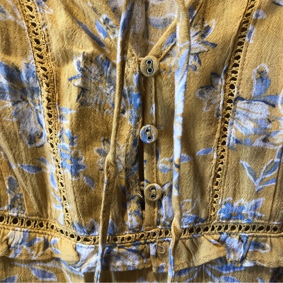 American Rag et Cie peasant blouse bohemian floral gold and light blue L - Picture 2 of 7